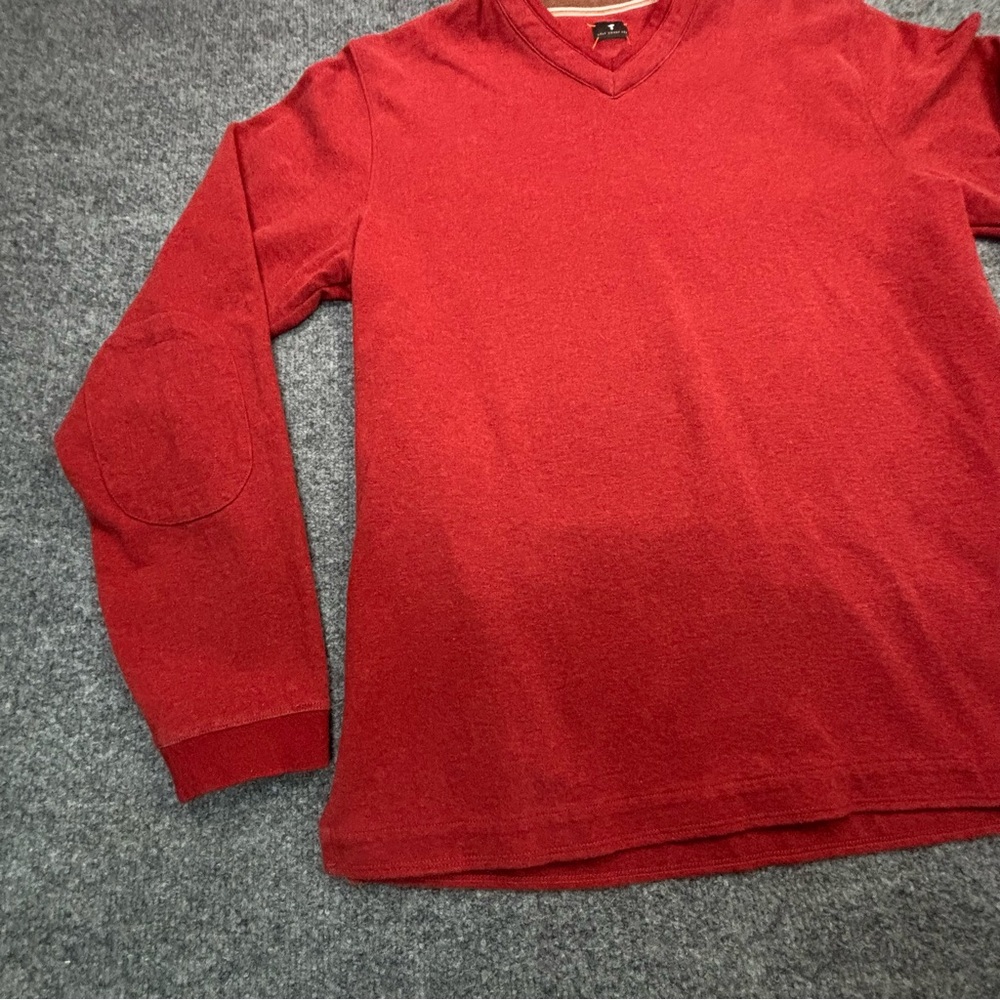 Left Coast Tee Pima Cotton V-Neck Sweater Red Elbow Patches Men's Size L Peru - Picture 5 of 13